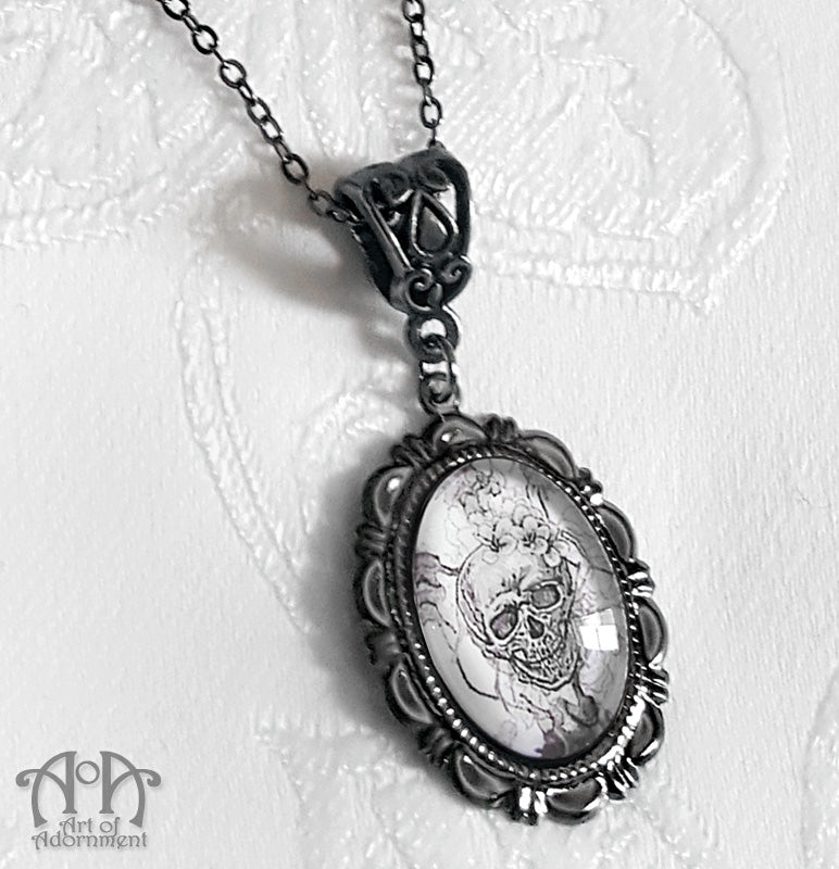 Gothic Gunmetal Glass Skull Cameo Pendant Necklace