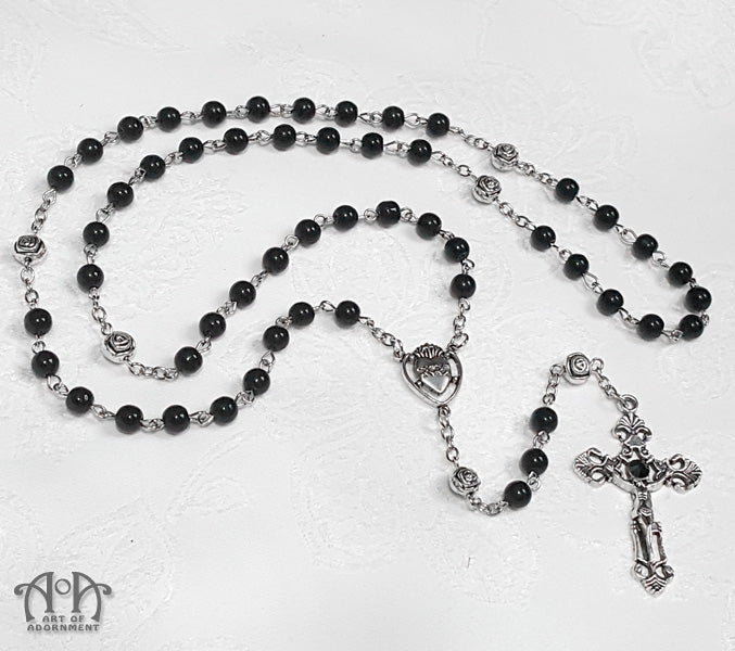 Nocturne Black Glass Beaded Cross Pendant Necklace