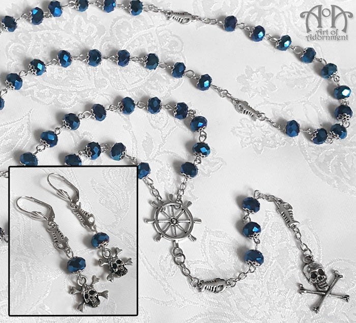 Pirate Skull Blue Crystal Necklace & Earrings Set