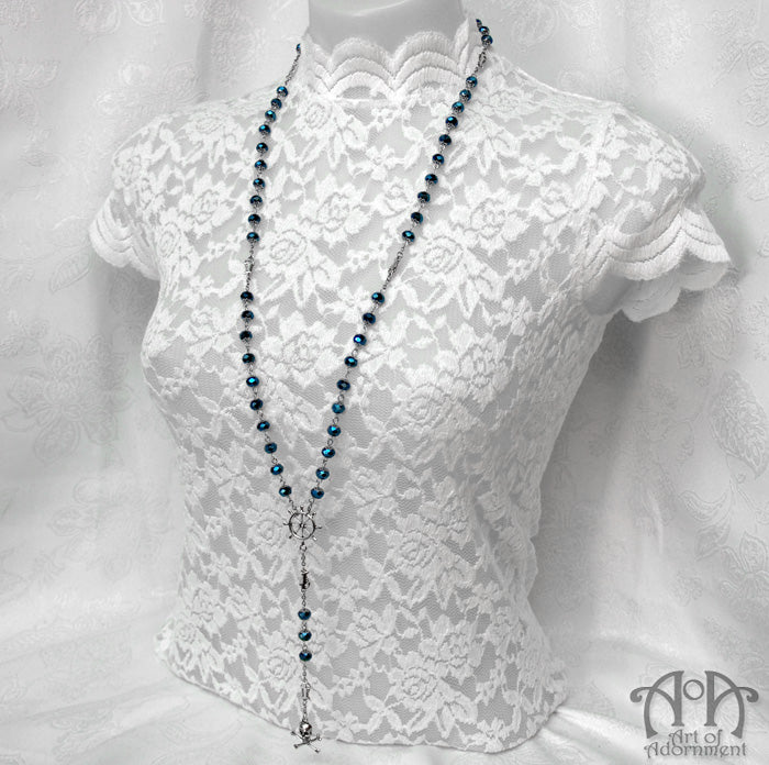 Pirate Skull Blue Crystal Necklace & Earrings Set