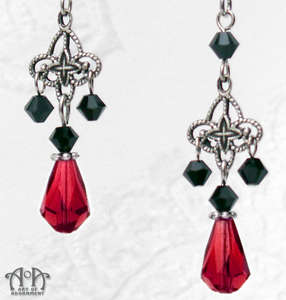 Sanguinari Red & Black Crystal Teardrop Earrings