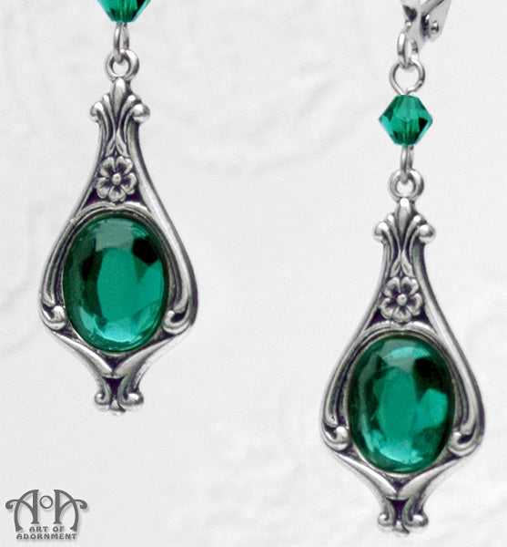 Sylvannia Green Crystal Victorian Art Nouveau Earrings