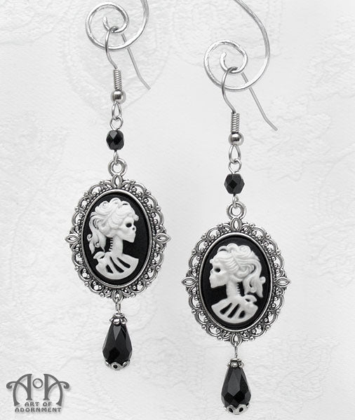 Luminosa Gothic Lady Skull Cameo Filigree Drop Earrings