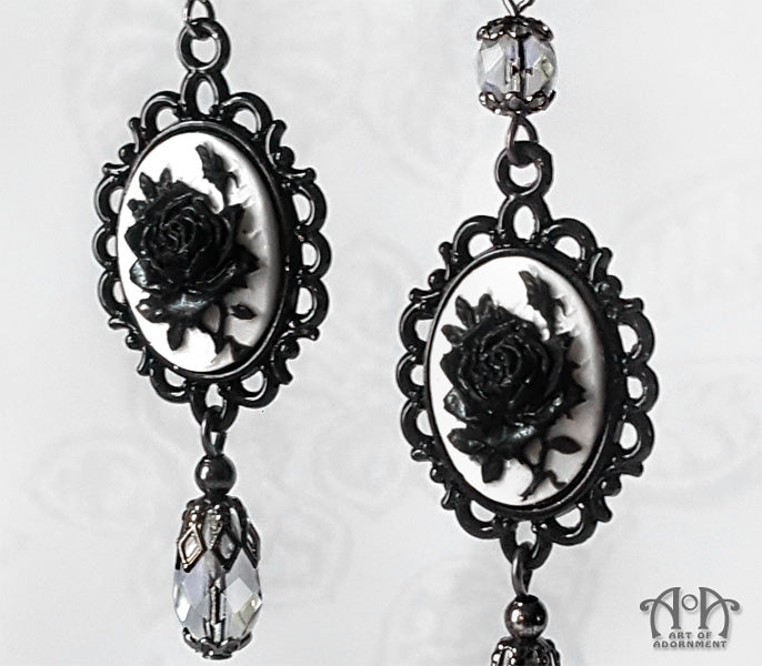 Luminosa White & Black Gothic Rose Cameo Earrings