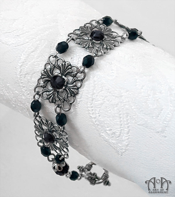 Nocturne Beaded Black Rhinestone Filigree Bracelet