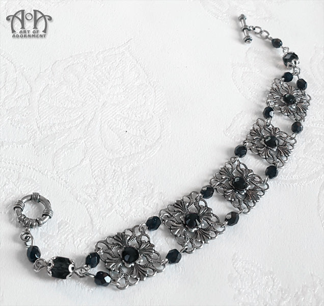 Nocturne Beaded Black Rhinestone Filigree Bracelet