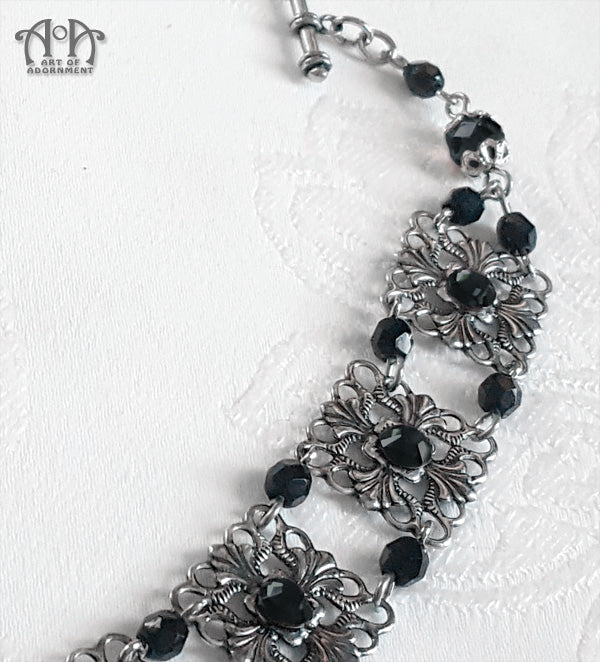 Nocturne Beaded Black Rhinestone Filigree Bracelet