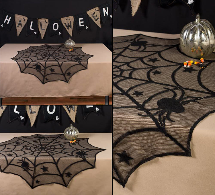 Gothic Black Spiderweb Lace Round Tablecloth