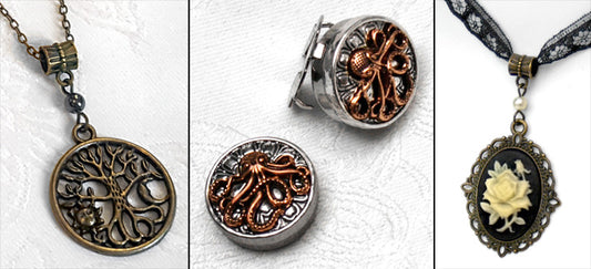 Bronze Tree Necklace, Octopus Button Covers and Rose Cameo Choker