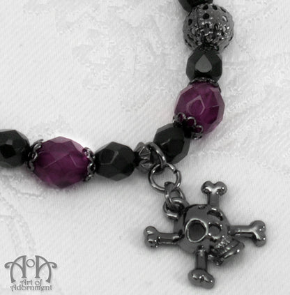 Mystique Purple & Black Skull Charm Beaded Stretch Bracelet