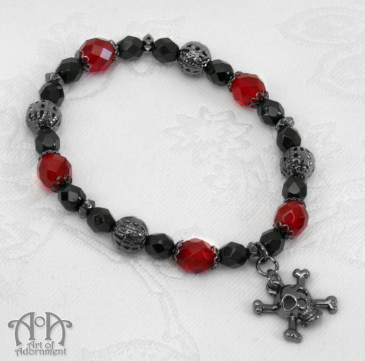 Lucrezia Red & Black Skull Charm Beaded Stretch Bracelet