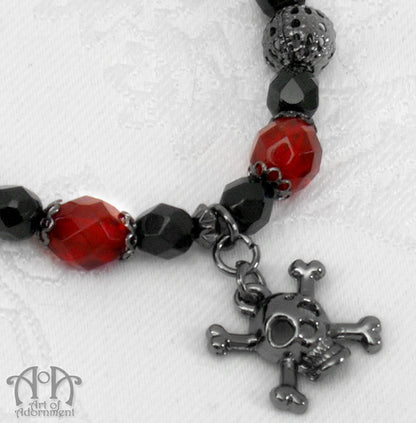 Lucrezia Red & Black Skull Charm Beaded Stretch Bracelet
