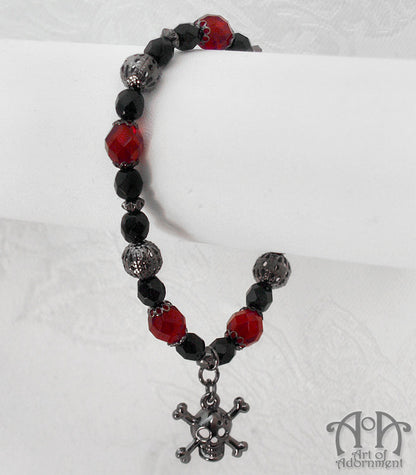 Lucrezia Red & Black Skull Charm Beaded Stretch Bracelet