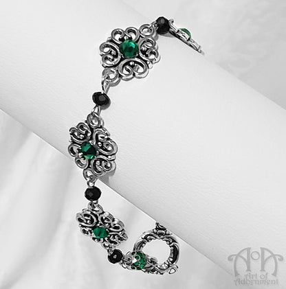 Sylvannia Beaded Green & Black Rhinestone Filigree Bracelet