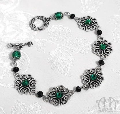 Sylvannia Beaded Green & Black Rhinestone Filigree Bracelet