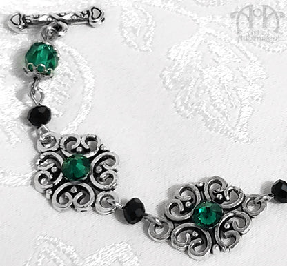 Sylvannia Beaded Green & Black Rhinestone Filigree Bracelet