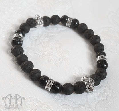 Mens Black Howlite & Lava Beaded Skull Stretch Bracelet