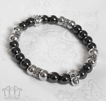 Mens Hematite & Steel Beaded Skull Stretch Bracelet