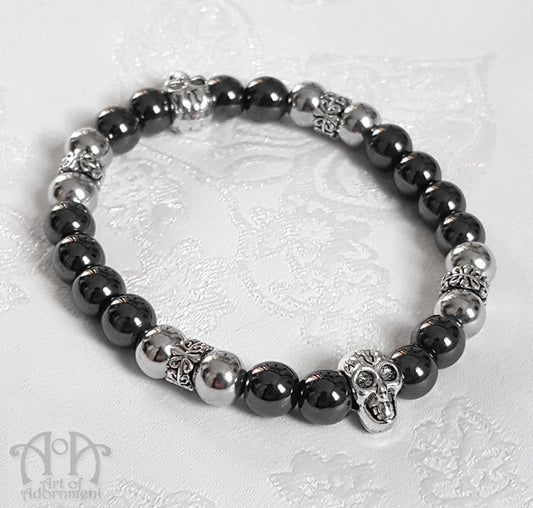 Mens Hematite & Steel Beaded Skull Stretch Bracelet