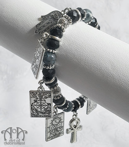 Black Crystal & Labradorite Tarot Card Charm Stretch Bracelet
