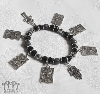 Black Crystal & Labradorite Tarot Card Charm Stretch Bracelet