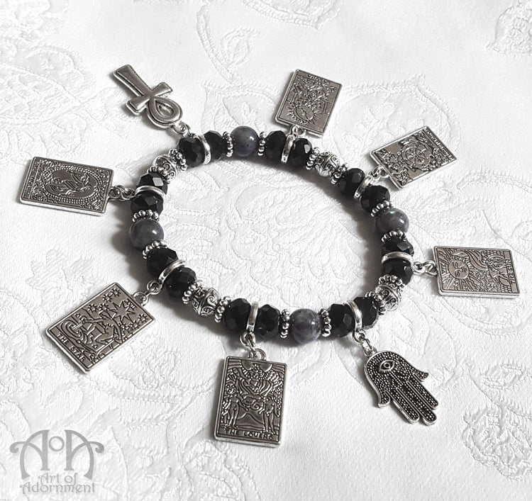 Black Crystal & Labradorite Tarot Card Charm Stretch Bracelet