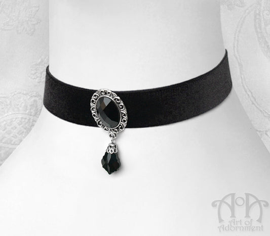 Nocturne Baroque Black Crystal Velvet Choker Necklace