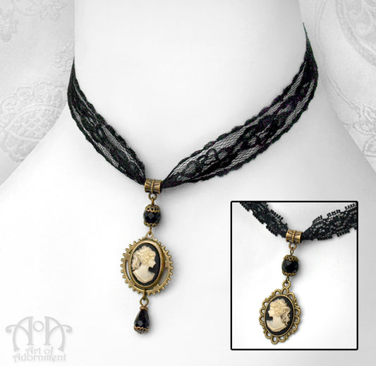 Steampunk Black & Ivory Lace Cameo Pendant Choker Necklace