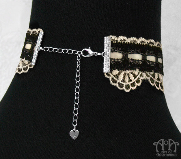 Patina Steampunk Black & Ivory Lace Cameo Choker Necklace