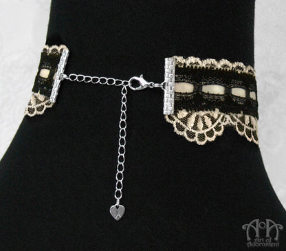 Patina Steampunk Black & Ivory Lace Cameo Choker Necklace