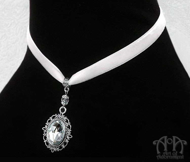 Argenta Clear Crystal White Velvet Pendant Choker Necklace