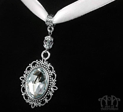 Argenta Clear Crystal White Velvet Pendant Choker Necklace