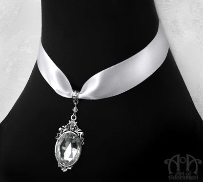 Snow Queen White Satin Crystal Pendant Choker Necklace