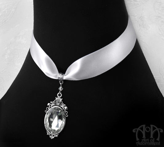 Snow Queen White Satin Crystal Pendant Choker Necklace