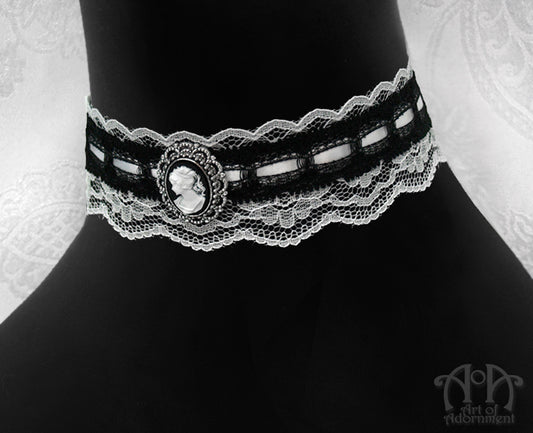 Luminosa Victorian Black & White Lace Cameo Choker Necklace