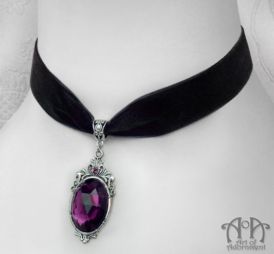 Vervaina Purple Crystal Black Velvet Pendant Choker Necklace