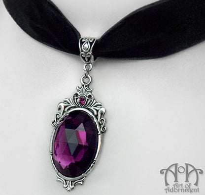 Vervaina Purple Crystal Black Velvet Pendant Choker Necklace