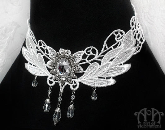 Snow Queen Victorian White Lace Crystal Choker Necklace