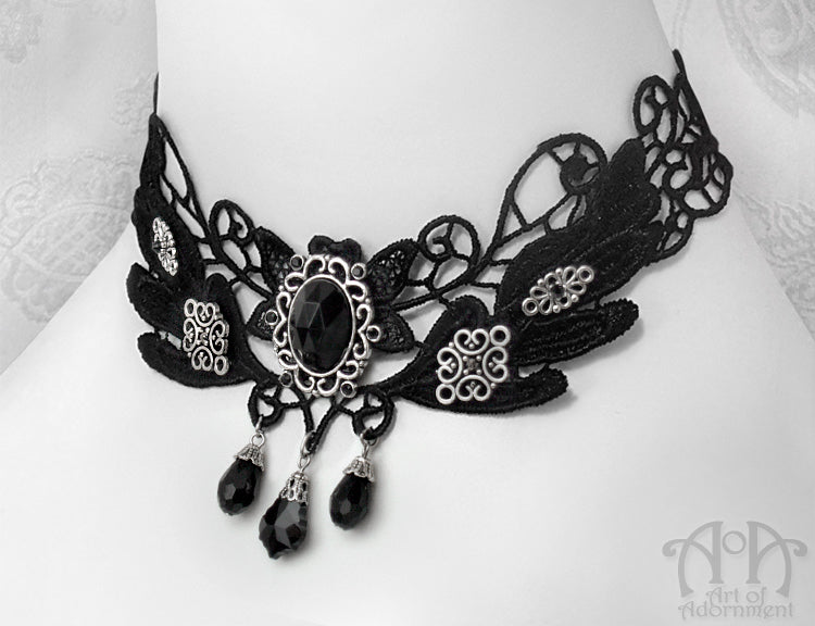 Nocturne Gothic Black Lace Crystal Choker Necklace