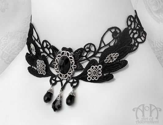 Nocturne Gothic Black Lace Crystal Choker Necklace