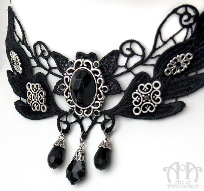 Nocturne Gothic Black Lace Crystal Choker Necklace