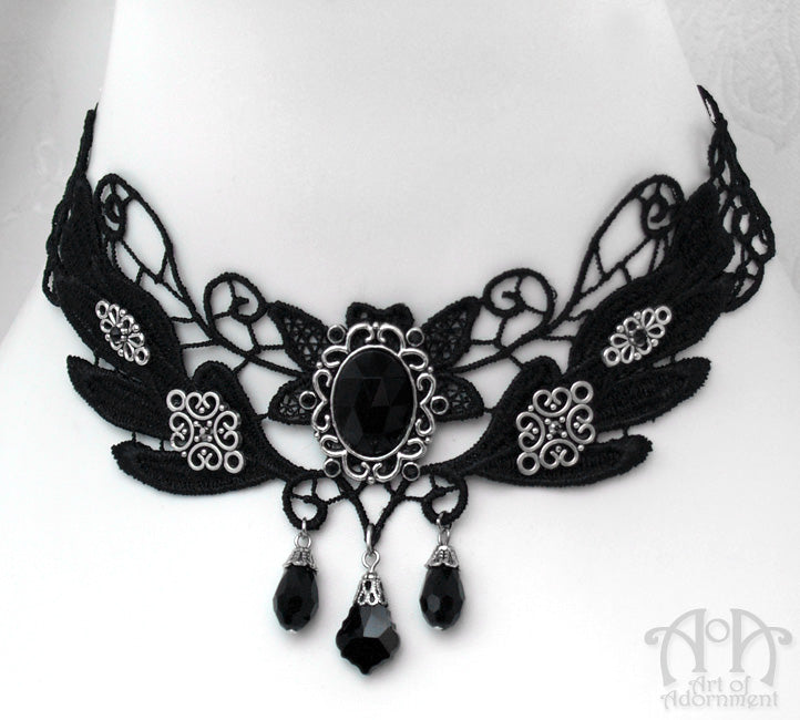 Nocturne Gothic Black Lace Crystal Choker Necklace