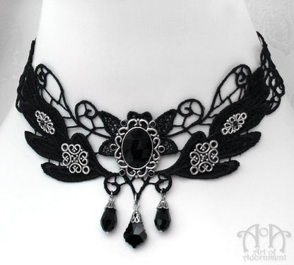 Nocturne Gothic Black Lace Crystal Choker Necklace