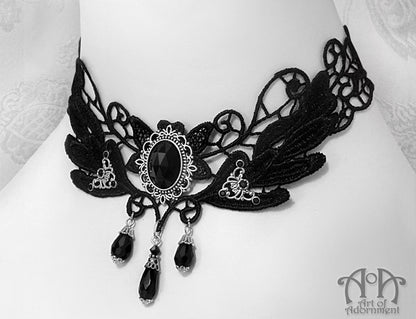 Nocturne Gothic Black Lace Crystal Choker Necklace