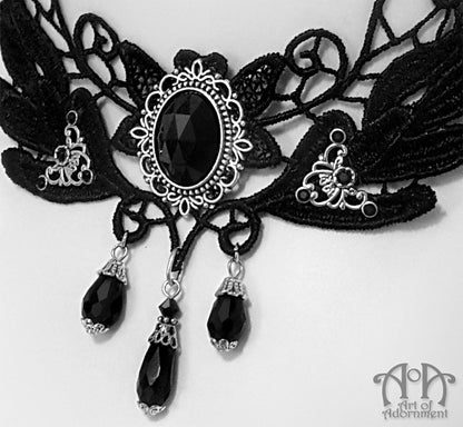 Nocturne Gothic Black Lace Crystal Choker Necklace