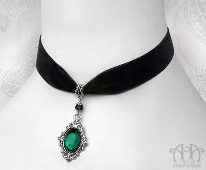 Sylvannia Green Crystal Black Velvet Pendant Choker Necklace