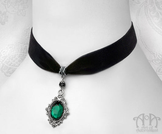Sylvannia Green Crystal Black Velvet Pendant Choker Necklace