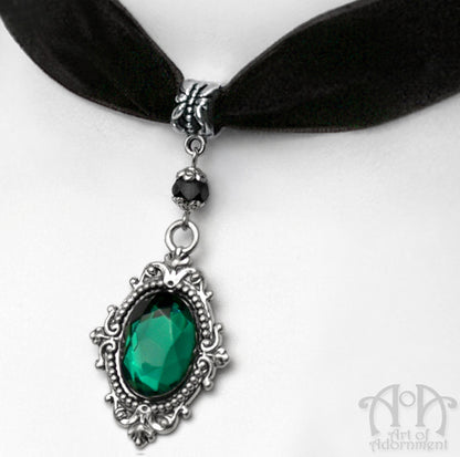 Sylvannia Green Crystal Black Velvet Pendant Choker Necklace