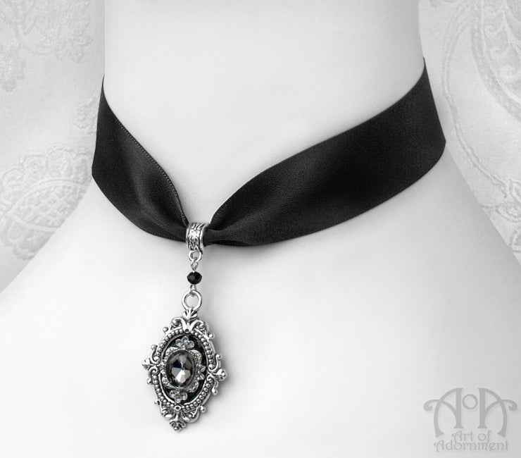 Nocturne Grey & Black Crystal Pendant Satin Choker Necklace