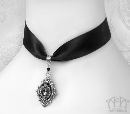 Nocturne Grey & Black Crystal Pendant Satin Choker Necklace